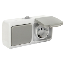 Блок розетка Мурманск 1-м 16А с заземлением с крышкой + одноклавишный выключатель IP54 серый (EFRV16-050-30-540)