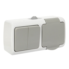 Блок розетка Мурманск 1-м 16А с заземлением с крышкой + двухклавишный выключатель IP54 серый (EFRV16-052-30-540)