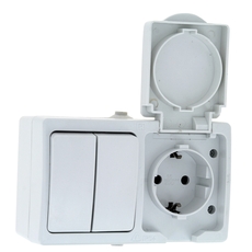 Блок-розетка Венеция-выключатель 2-клавишный 16А с заземлением с крышкой IP54 белый с защитной шторкой