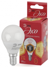 Лампа cветодиодная ECO LED P45-8W-827-E14 (диод, шар, 8Вт, тепл, E14) (10/100/3500) | Б0030022 | ЭРА