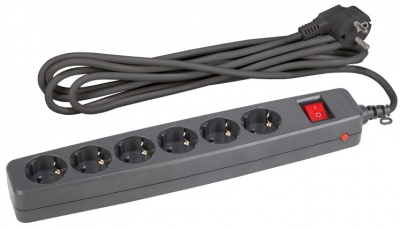 Сетевой фильтр SF-6es-2m-B (черный) с заземл, 3x0.75мм2, со шт, с выкл, 6гн, 2м, кор (20/360) |C0039534 | ЭРА