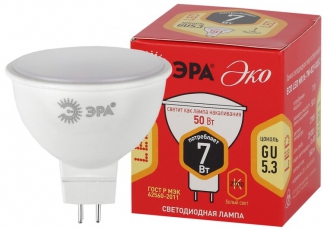 Лампа cветодиодная ECO LED MR16-7W-827-GU5.3 (диод, софит, 7Вт, тепл, GU5.3) (10/100/4000) | Б0040873 | ЭРА