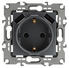 12-4109-12 Розетка 2P+E 16A-250В, штор. с 2xUSB 5В-3А, 12, графит (10/100/2000) | Б0047846 | ЭРА