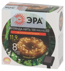 Садовая гирлянда ERASF22-42 на солнечной батарее Нить теплый свет 100 microLED, 10 м | Б0053371 | ЭРА