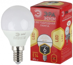Лампа cветодиодная ECO LED P45-6W-827-E14 (диод, шар, 6Вт, тепл, E14) (10/100/4000) | Б0020626 | ЭРА
