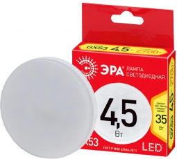 Лампа cветодиодная ECO LED GX-4,5W-827-GX53 (диод, таблетка, 4,5Вт, тепл, GX53) (10/100/4800) | Б0036537 | ЭРА