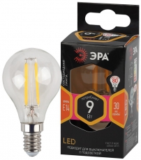 Лампа светодиодная F-LED P45-9w-827-E14 (филамент, шар, 9Вт, тепл, E14) | Б0047020 | ЭРА