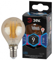 Лампа светодиодная F-LED P45-9W-840-E14 gold (филамент, шар золот, 9Вт, нейтр, E14) | Б0047028 | ЭРА