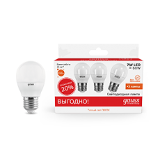 Лампа светодиодная LED 7Вт E27 220В 2700К Elementary шар (3 лампы в упаковке) | 53217T | Gauss