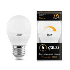 Лампа светодиодная LED 7Вт E27 220В 3000К шар, диммируемая | 105102107-D | Gauss