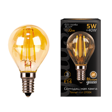 Лампа светодиодная Filament Шар 5W 400lm 2700К Е14 golden LED 1/10/50 | 105801005 | Gauss