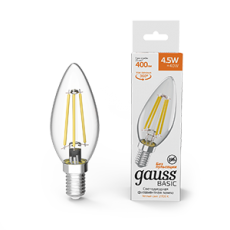 Лампа светодиодная Basic Filament Свеча 4,5W 400lm 2700К Е14 LED 1/10/50 | 1031115 | Gauss
