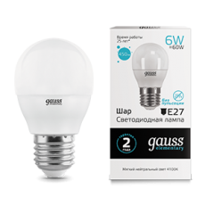 Лампа светодиодная LED 6Вт E27 220В 4100К Elementary шар | 53226 | Gauss