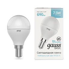 Лампа светодиодная Basic Шар 7,5W 690lm 4100K E14 LED 1/10/100 | 1053128 | Gauss