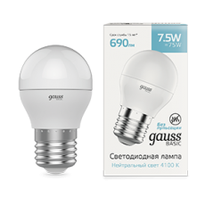Лампа светодиодная Basic Шар 7,5W 690lm 4100K E27 LED 1/10/100 | 1053228 | Gauss