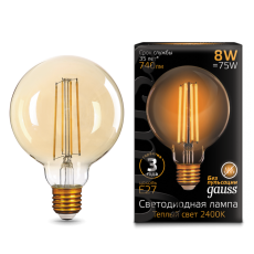 Лампа светодиодная Black LED Filament G95 E27 8W Golden 740lm 2400К | 105802008 | Gauss