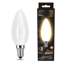 Лампа светодиодная Filament Свеча 9W 590lm 3000К Е14 milky LED 1/10/50 | 103201109 | Gauss