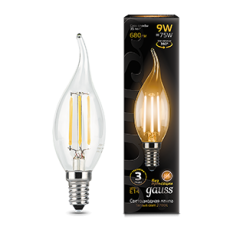 Лампа светодиодная LED 9Вт E14 2700K Filament Candle (свеча) tailed | 104801109 | Gauss