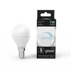 Лампа светодиодная LED 7Вт E14 220В 4100К шар, диммируемая | 105101207-D | Gauss