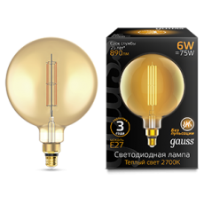 Лампа светодиодная LED Vintage Filament Straight G200 6W E27 200*283mm Amber 890lm 2700K 1/6 | 154802118 | Gauss