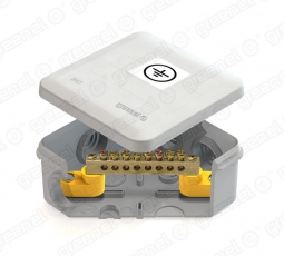 Коробка уравнивания потенциалов (КУП) 100х100х50мм, 6 гермовводов, с шиной 6х9 8груп, IP55, наклейка 