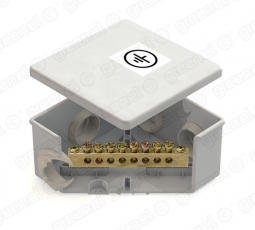 Коробка уравнивания потенциалов (КУП) 85х85х40мм, 6 гермовводов, с шиной 6х9 8груп, IP44, наклейка 