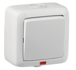 Выключатель открытой установки, одноклавишный, с индикацией, брызгозащищенный, цвет белый | ВА10-212 | HEGEL