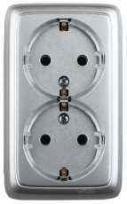 Розетка открытой установки, двухместная, с заземляющим контактом, цвет серебро | РА16-181-06 | HEGEL