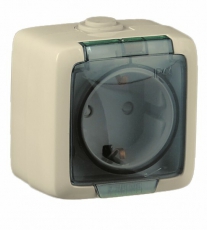Розетка открытой установки, одноместная, с заземляющим контактом, со шторкой, брызгозащищенная, цвет слоновая кость | РА16-212-01 | HEGEL