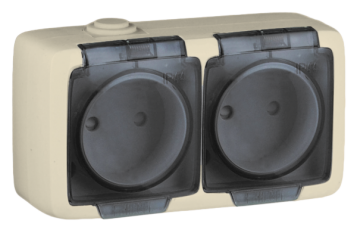 Розетка открытой установки, двухместная, со шторками, брызгозащищенная, цвет слоновая кость | РА16-242-01 | HEGEL