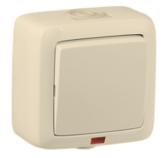 Выключатель открытой установки, одноклавишный, с индикацией, брызгозащищенный, цвет слоновая кость | ВА16-212-01 | HEGEL