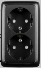 Розетка открытой установки, двухместная, с заземляющим контактом, со шторками, с изолирующей пластиной, цвет черный | РА16-154-08 | HEGEL