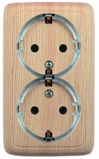 Розетка открытой установки, двухместная, с заземляющим контактом, со шторками, цвет сосна | РА16-182-02 | HEGEL