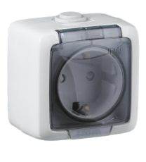 Розетка открытой установки, одноместная, с заземляющим контактом, брызгозащищенная, цвет белая | РА16-211 | HEGEL