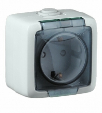 Розетка открытой установки, одноместная, с заземляющим контактом, со шторкой, брызгозащищенная, цвет белая | РА16-212 | HEGEL