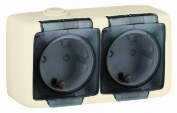 Розетка открытой установки, двухместная, с заземляющим контактом, брызгозащищенная, цвет слоновая кость | РА16-251-01 | HEGEL