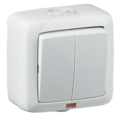 Выключатель открытой установки, двухклавишный, с индикацией, брызгозащищенный, цвет белый | ВА10-252 | HEGEL