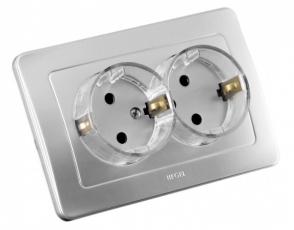 Розетка скрытой установки, двухместная, с заземляющим контактом, цвет серебро | РС16-381-06 | HEGEL