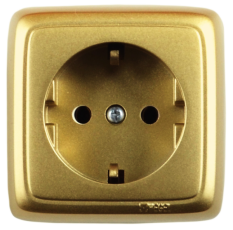 Розетка открытой установки, одноместная, с заземляющим контактом, со шторкой, с монтажной пластиной, цвет золото | РА16-116-07 | HEGEL