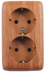 Розетка открытой установки, двухместная, с заземляющим контактом, цвет дуб | РА16-151-05 | HEGEL