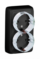 Розетка открытой установки, двухместная, с заземляющим контактом, с изолирующей пластиной, цвет черный | РА16-183-08 | HEGEL