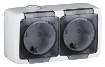 Розетка открытой установки, двухместная, с заземляющим контактом, со шторками, брызгозащищенная, цвет белая | РА16-252 | HEGEL