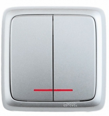 Выключатель открытой установки, двухклавишный, с индикацией, с изолирующей пластиной, цвет серебро | ВА10-154-06 | HEGEL