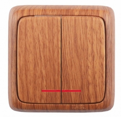 Выключатель открытой установки, двухклавишный, с индикацией, с монтажной пластиной, цветдуб | ВА16-156-05 | HEGEL