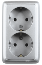 Розетка открытой установки, двухместная, с заземляющим контактом, цвет серебро | РА16-151-06 | HEGEL