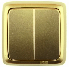 Выключатель открытой установки, двухклавишный, с изолирующей пластиной, цвет золото | ВА16-153-07 | HEGEL