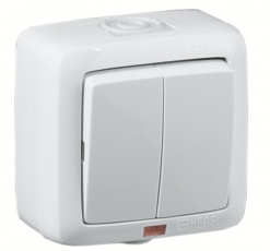 Выключатель открытой установки, двухклавишный, с индикацией, брызгозащищенный, цвет белый | ВА16-252 | HEGEL