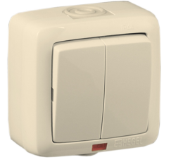 Выключатель открытой установки, двухклавишный, с индикацией, брызгозащищенный, цвет слоновая кость | ВА16-252-01 | HEGEL