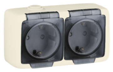 Розетка открытой установки, двухместная, с заземляющим контактом, со шторками, брызгозащищенная, цвет слоновая кость | РА16-252-01 | HEGEL