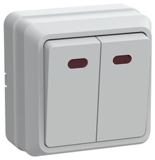 ОКТАВА Выключатель двухклавишный наружный белый с индикацией